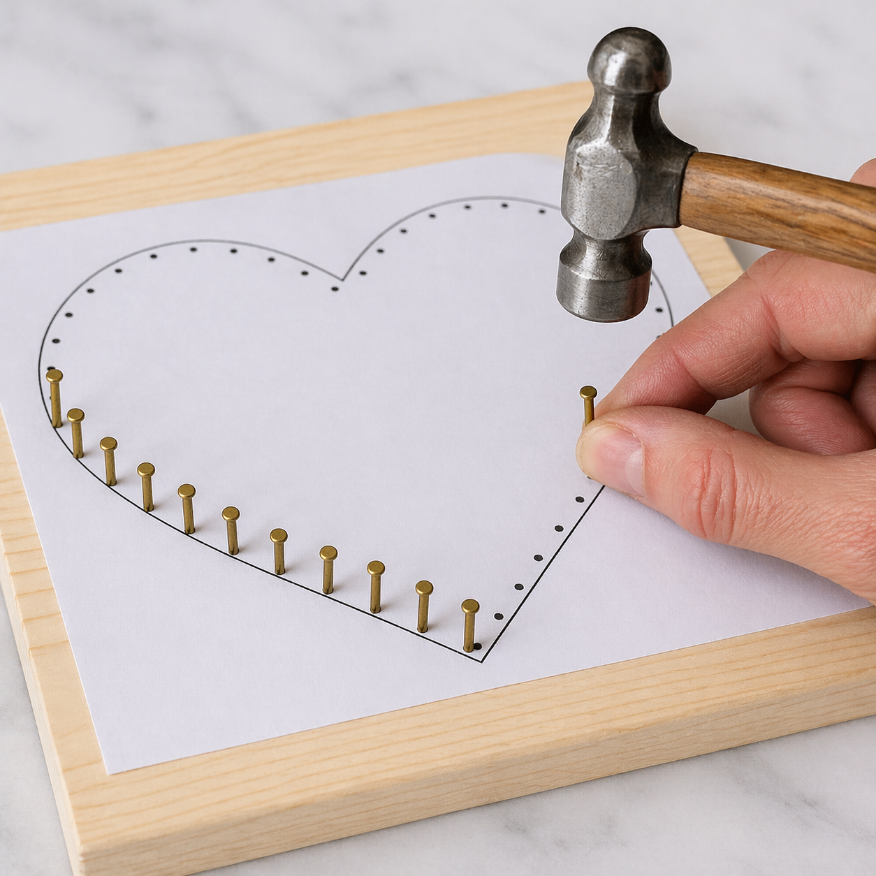 Hammering nails along the heart outline for a beginner string art project