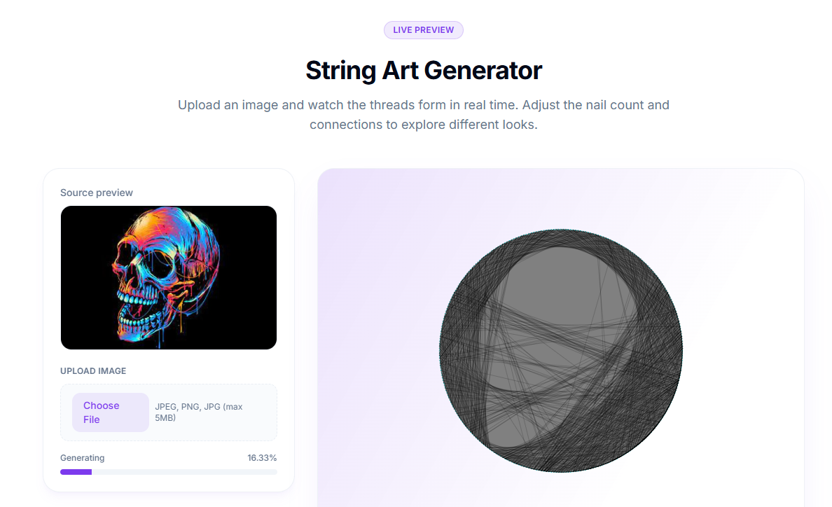 StringArt.cc photo-to-pattern generator screenshot