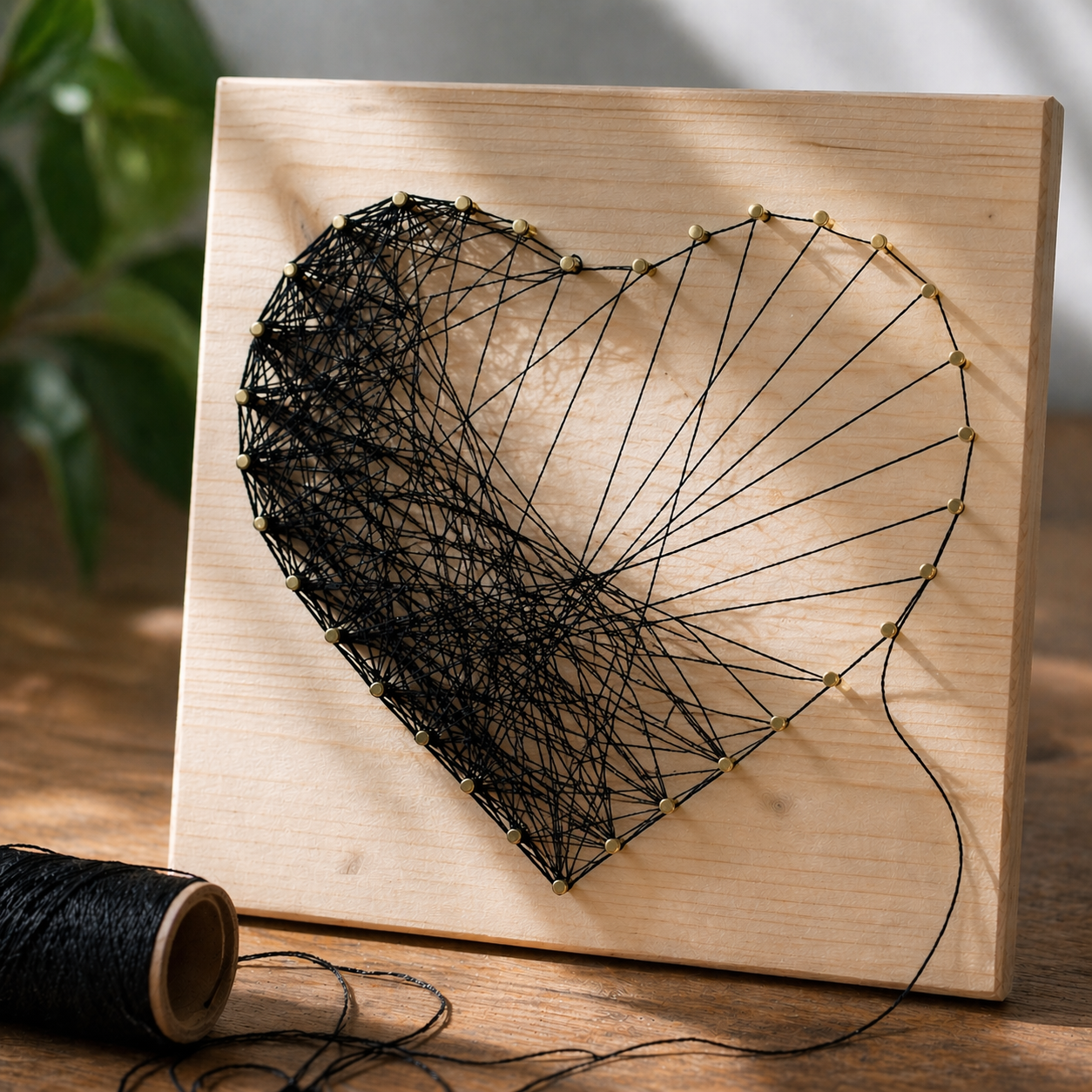 Black thread being wrapped across the heart nail outline